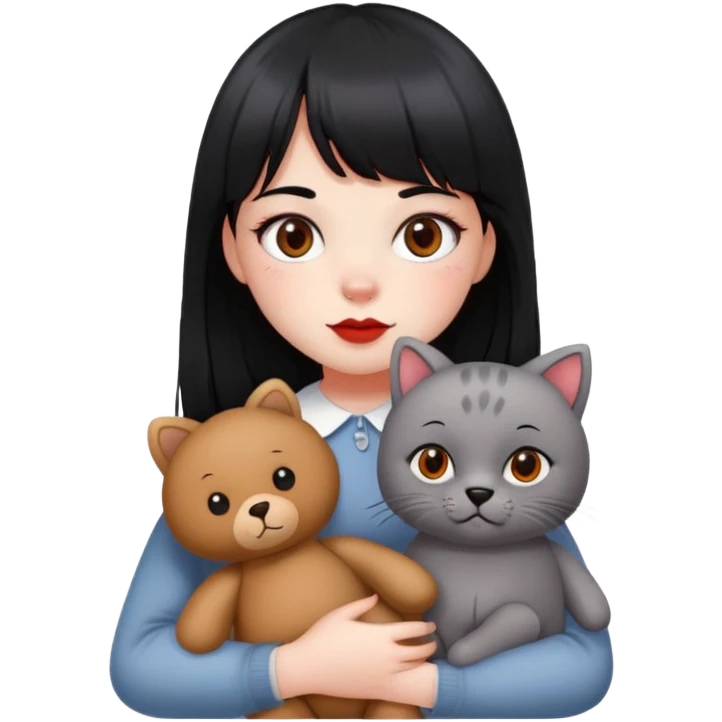 girl,white face,black eyes,red cheeks,a dot on the bam,long black hair with bangs,holding a British grey cat and a brown teddy bear emoji