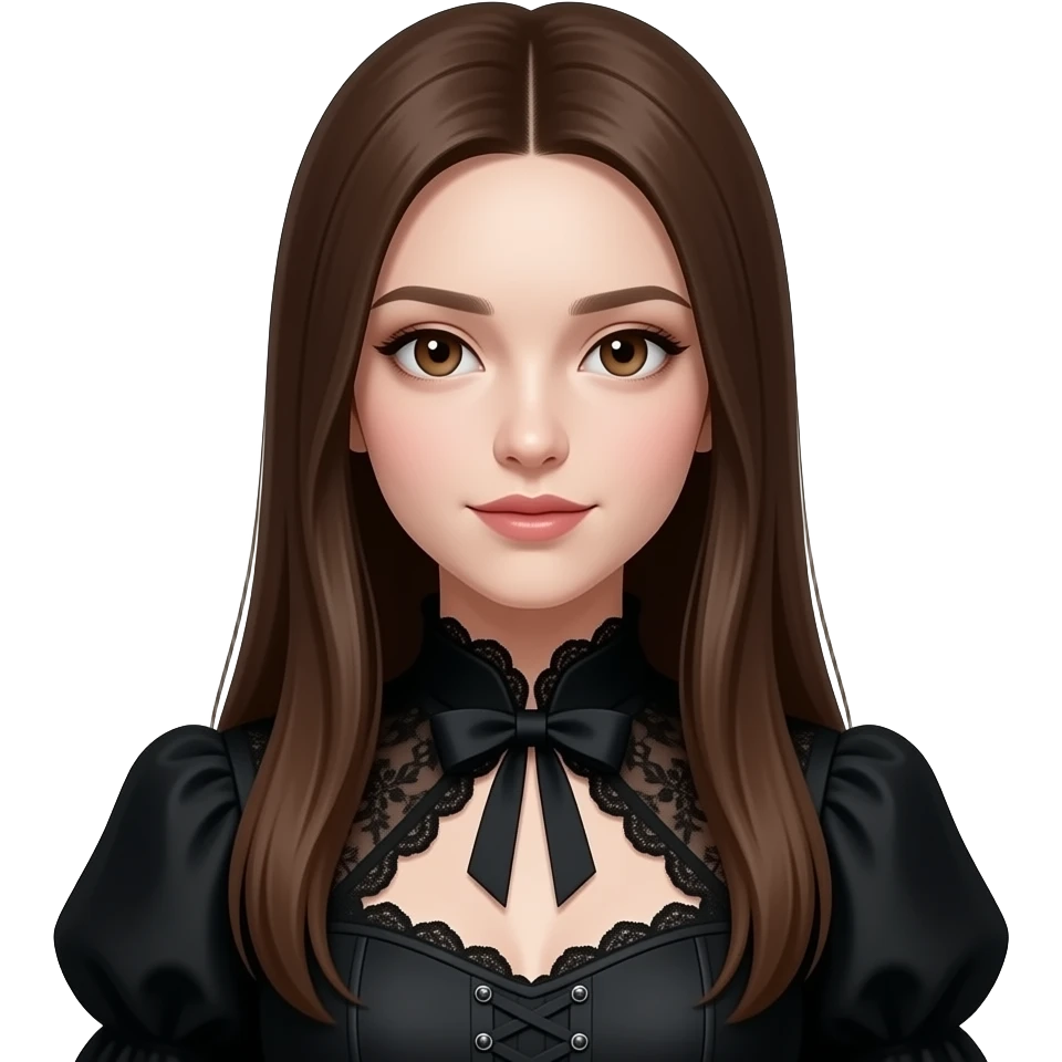 realistic pretty white skin long straight brown hair girl brown eyes long face wearing gothic dress HD emoji