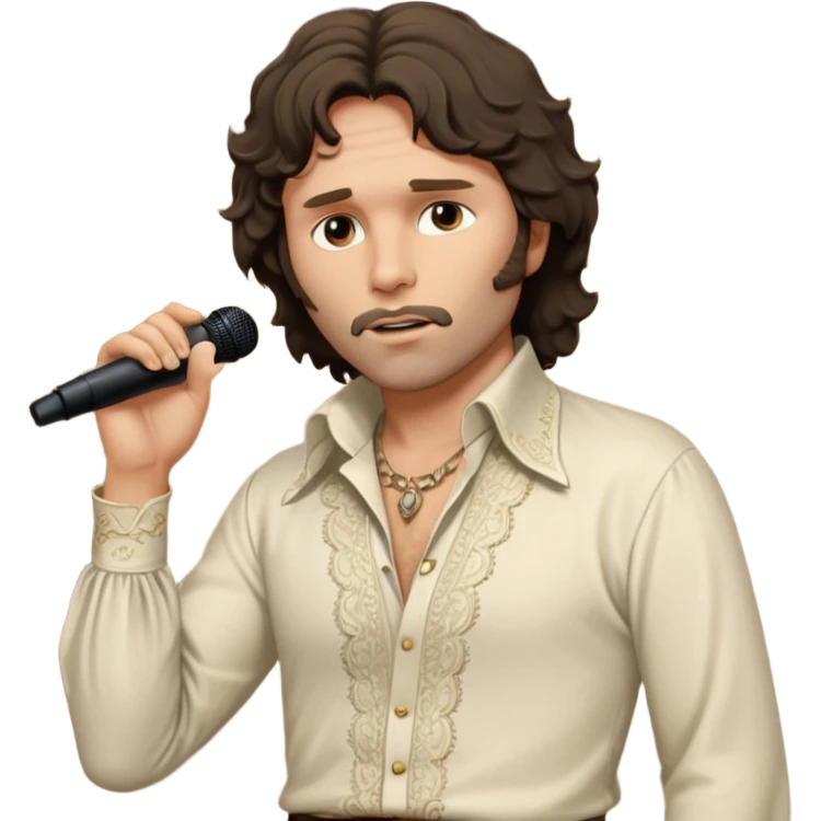 solarpunk realistic ultra HD - unkempt, shaggy with big sideburns Jim Morrison in an ivory Victorian shirt, in an trance dramatic pose, sings on stage emoji