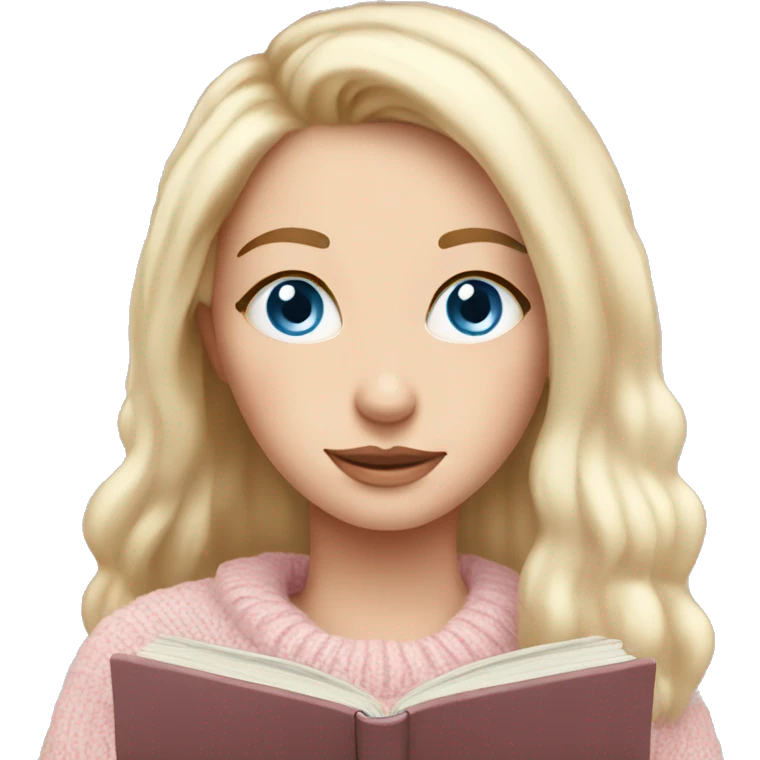 Pretty blue eyed white girl with light pink sweater reading cozy emoji