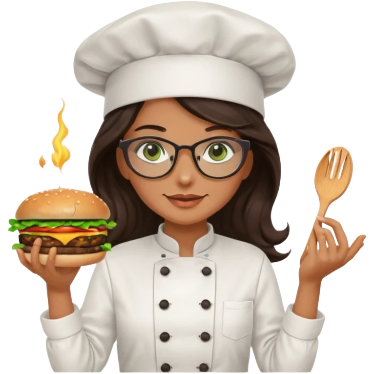 A female chef with glasses, dark brown long wavy hair, Green eyes and cooking a burger emoji
