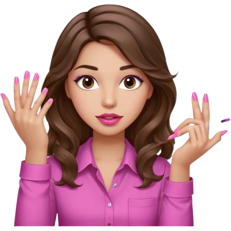 girl with long wavy brown hair, brown eyes, light to medium complexion, in a pink shirt, pink lips, long lashes, puckered lips, showing off painting long nails emoji