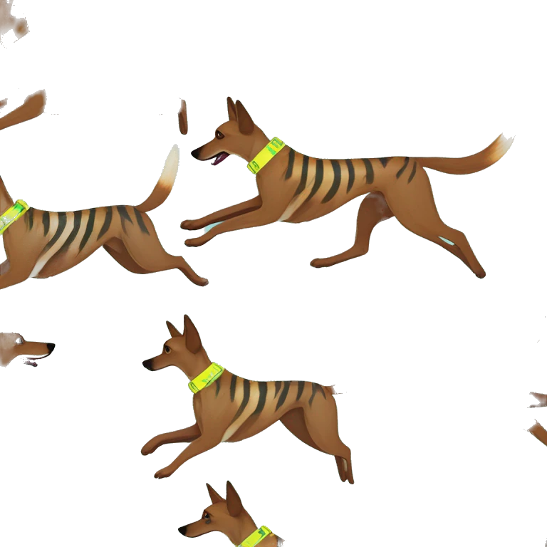  brindle brown black maroon striped lurcher Alsatian fox running blue eyes and iridescent holographic oilslick harness wearing paper iridescent tropical flower crown yellow caution tape emoji