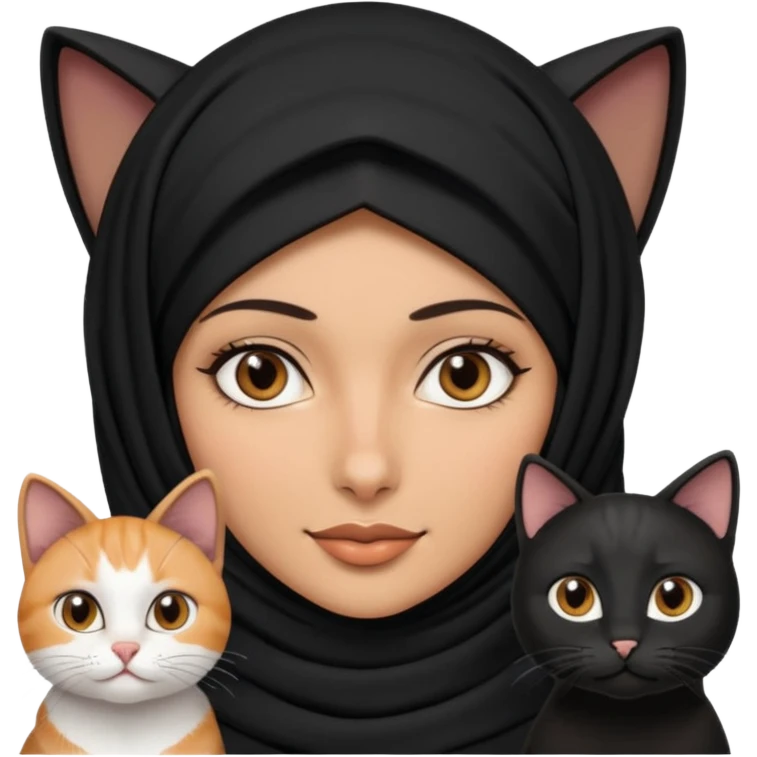 A Arabic woman human with brown eyes and black hijab. , two cats, the both cats have the colour black and white in the same colour,   emoji