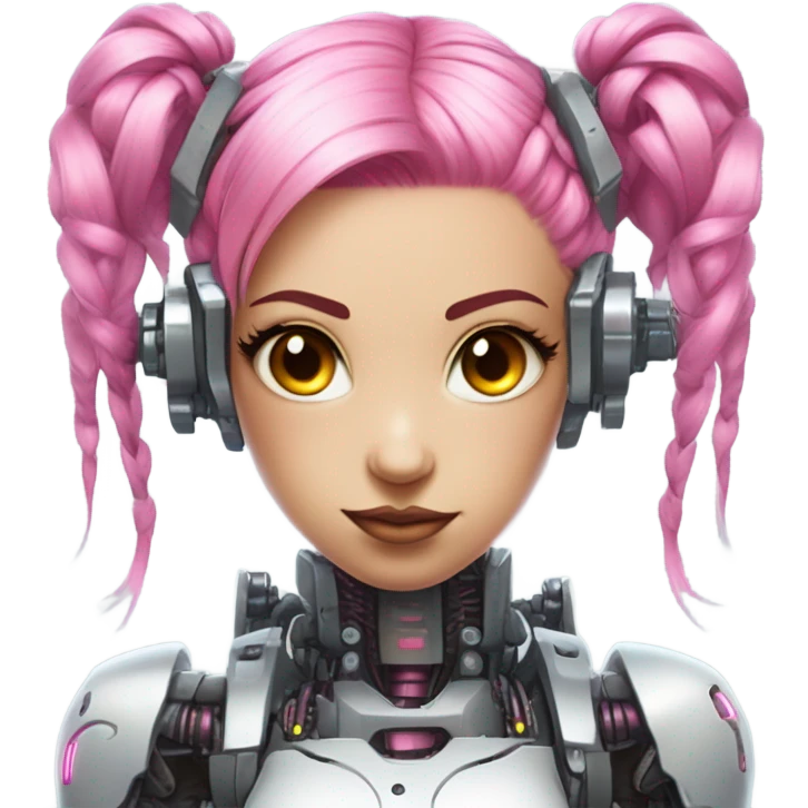 cyborg girl, pink hair, robot body, gynoid, twintails, cyberpunk emoji