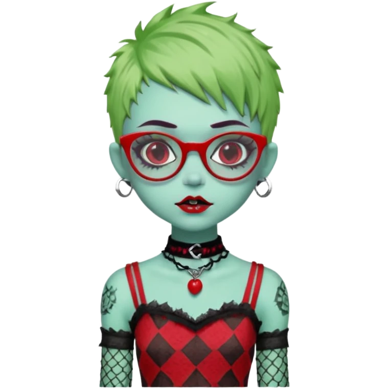 White hair, Ghoulia yelps monster high doll in scene/emo style cherry print dress with fishnet sleeves, clothes, thin, small, red, rectangle glasses, pale white-blue skin, pale-green shaggy pixie-cut , zombie scars , boy, punk choker emoji