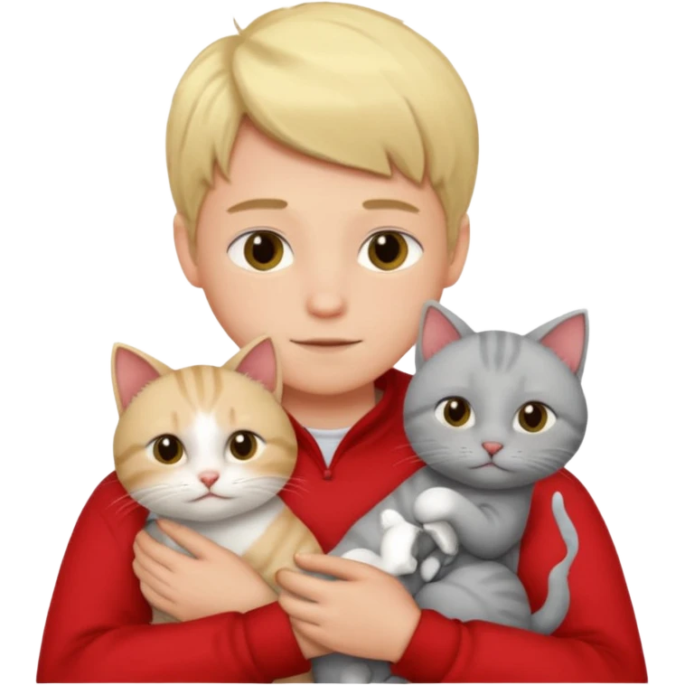 Make 1 gray cats cudling a kid that’s a boy wearing all red and he’s blond emoji
