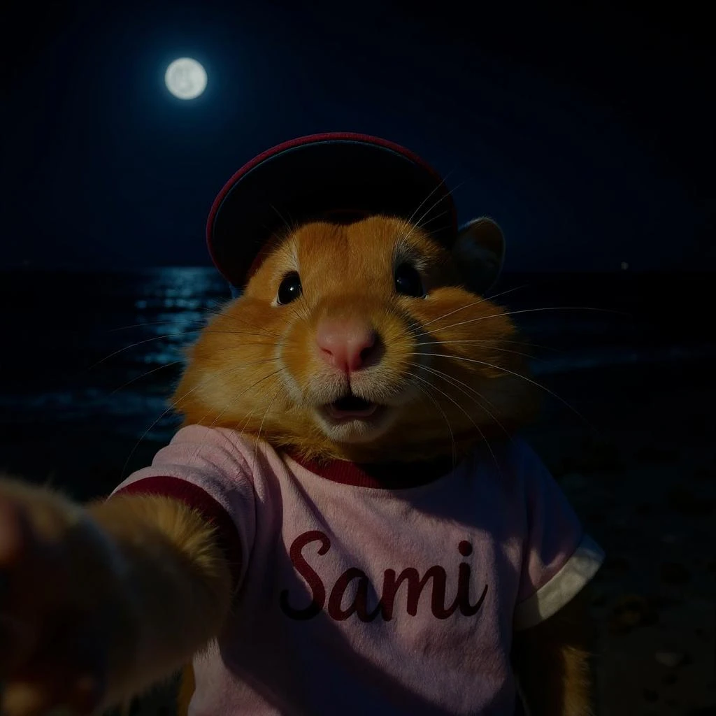 Make the scene night time with the hamster in a t-shirt saying 'Sami' and a cap, taking selfies on the beach, with a dark sky and moonlight, in flux-kontext-max style. emoji