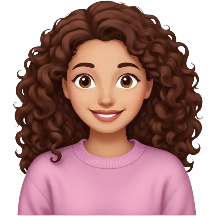 Mujer piel light brown canela, cara ovalada, cejas definidas, pelo súper largo rizado marron oscuro, raya al lado. Sonrisa amplia, expresión suave-alegre. Sweater largo rosado claro. emoji