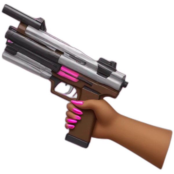 brown hand with pink nails holding large scary dark nerf gun emoji