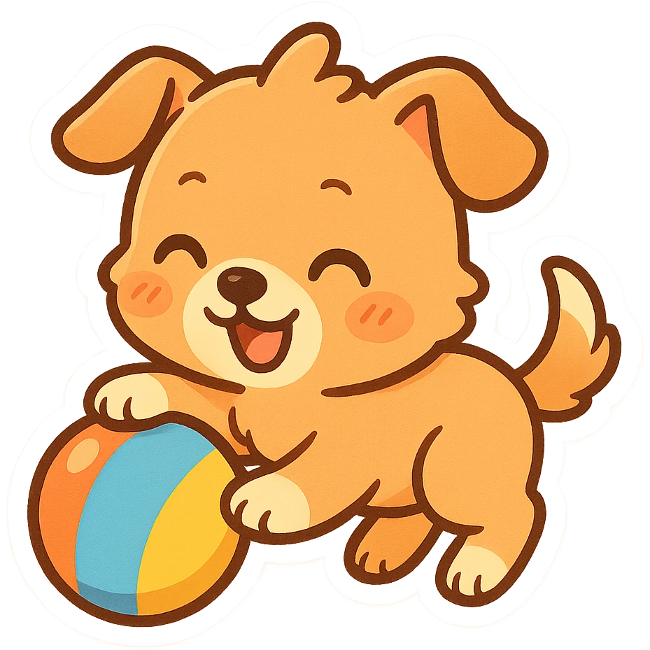 playful puppy with a ball, chibi sticker style emoji