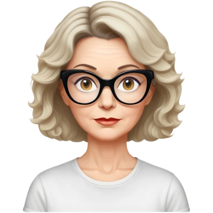 white woman about 50 years old with light warm skin, wavy black neck-length 80s short hair, neutral determined expression, large black shiny butterfly or cat-eye glasses, white casual t-shirt emoji
