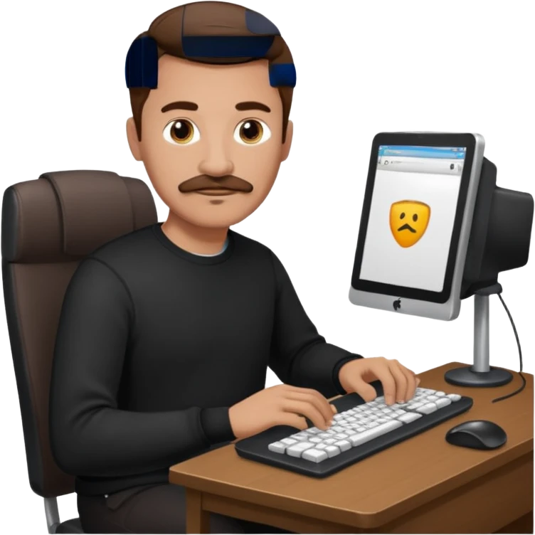  man with mustache, brown hair, 33years old, shirt, high temple Black pullover with a white shirt underneath and black fabric trousers work with couputer emoji
