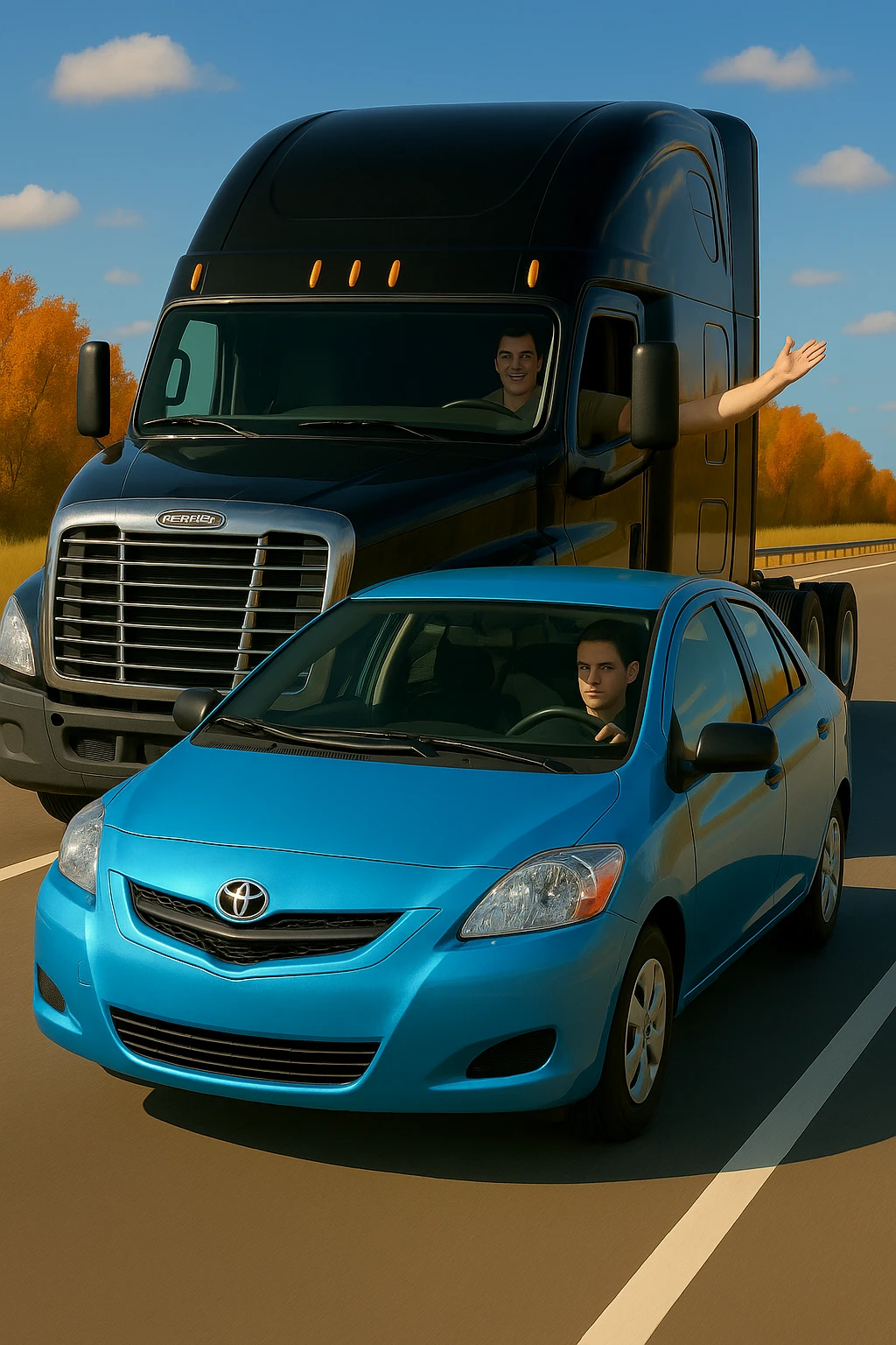 Add a person in the black semi truck with their arm out the window. Keep the scene bright and vibrant, with a person in the car in front. emoji