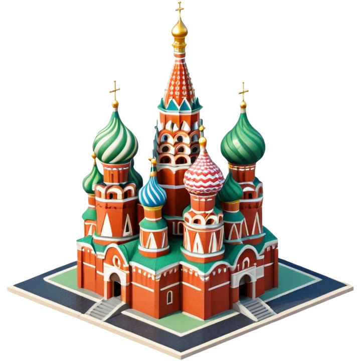 Isometric illustration of Moscow, featuring photorealistic Saint Basil's Cathedral with colorful onion domes, hand-drawn painterly details, subtle texture on bricks and roofs, realistic shadows and soft lighting, muted yet vivid color palette, diorama miniature effect. emoji