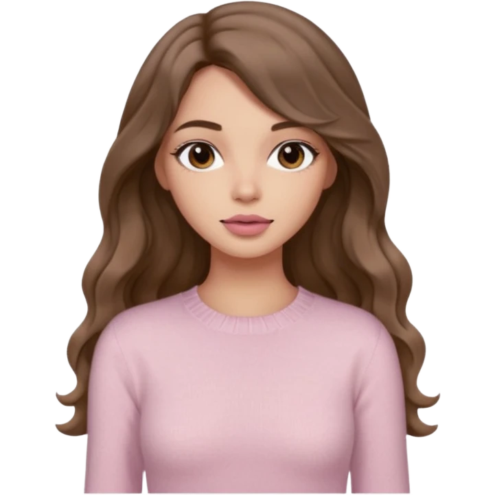 a woman with beige knit long sleeve top, her hair is long wavy brown hair, her face is soft girl style, her eyes color are black and the color of her lip is soft pink emoji