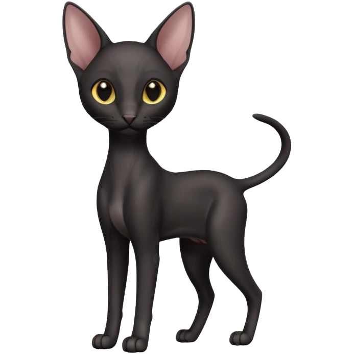 A 3D cartoon black Oriental Shorthair cat with sleek body, tall ears, reflective fur, dark cinematic background, Memoji-style. full body or half body. emoji