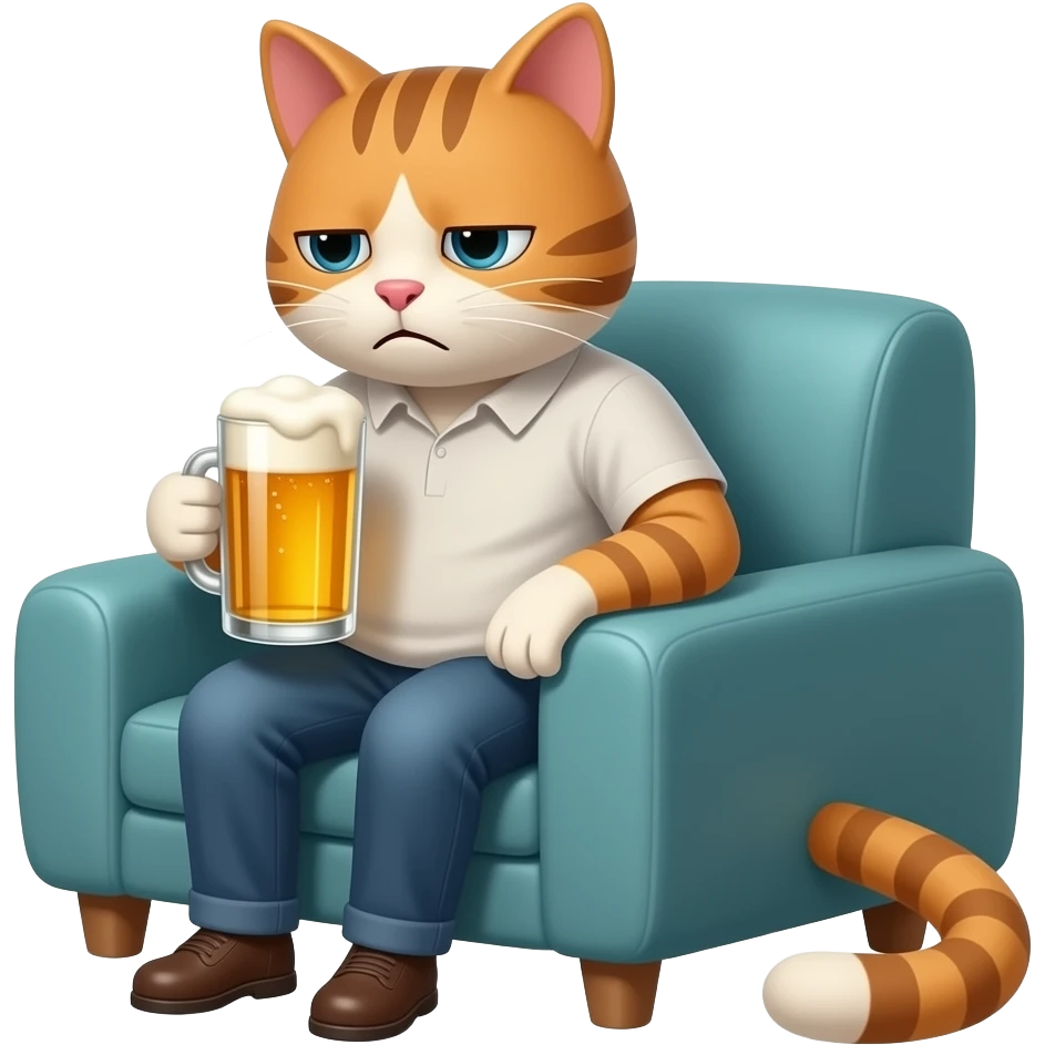 un chat deprime de sa journee de travail chez lui en buvant une bierre emoji