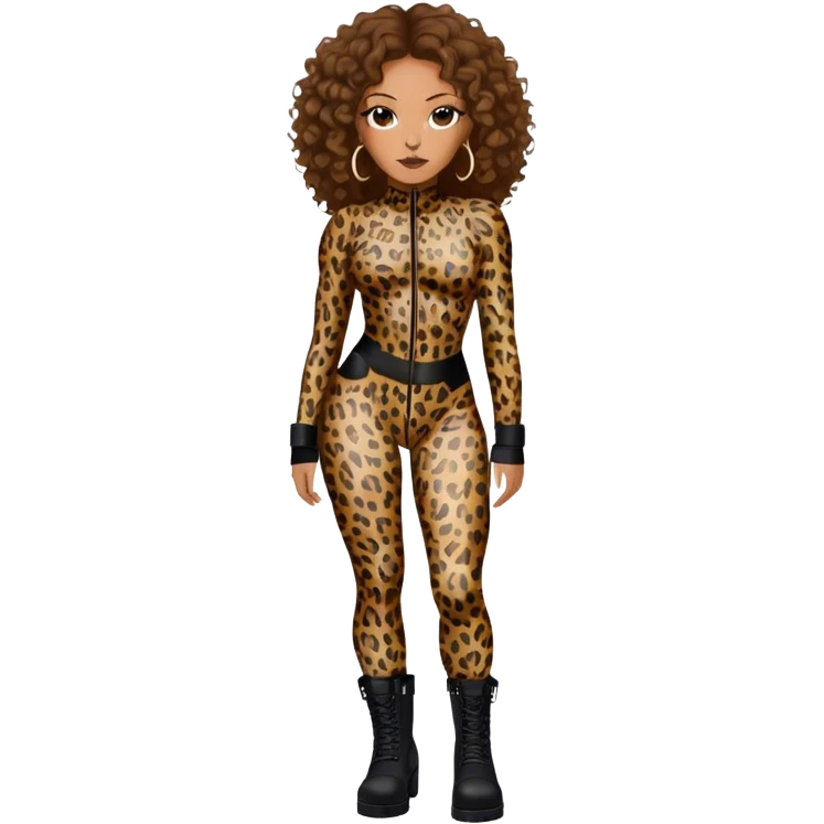 Melanie Brown with brown curls and highlights wearing a tight leopard print two piece bodysuit and black combat boots emoji