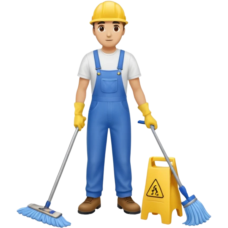 Custodian with yellow rubber gloves, white T-shirt, blue overalls, mopping floor emoji