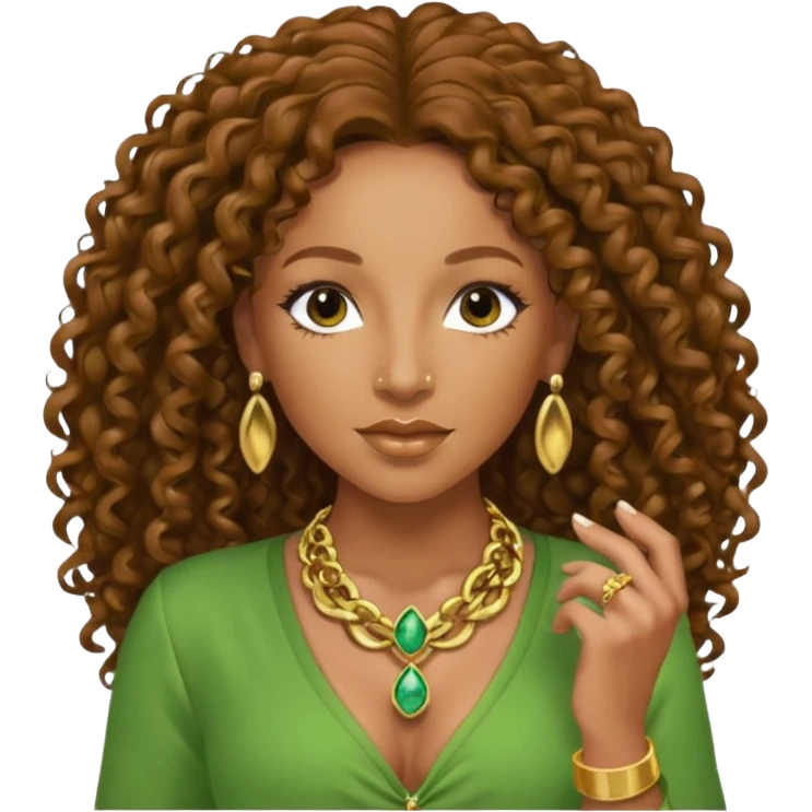 Mel B with brown long curly hair, green outfit emoji