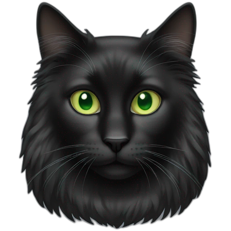 Face of a black cat with long hair and Green eyes emoji