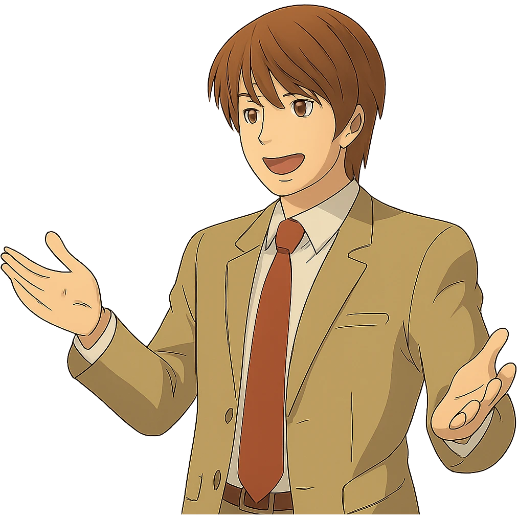 Light Yagami in Ghibli style, standing with both hands raised as if making a point, animated expression, transparent background. emoji