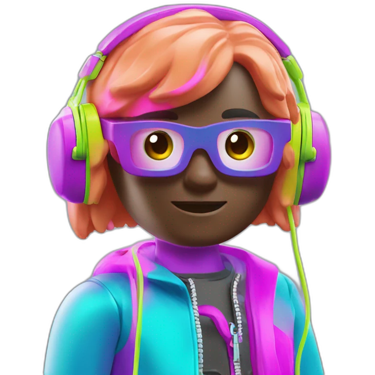 Playmobil wearing neon light clothes, having headphones emoji
