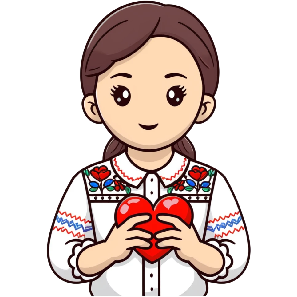 Beautiful young girl in a white Ukrainian embroidered shirt holds a large embroidered heart in her hands emoji