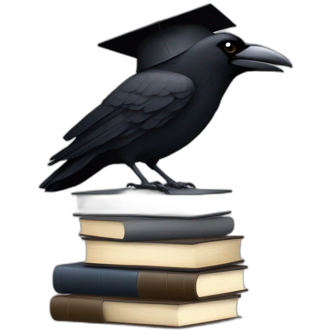 raven in student cap with a stack of gray and brown books emoji