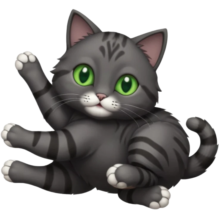 solid dark grey cat with green eyes, completely solid grey face, white toes/paws playing rolling upside down emoji