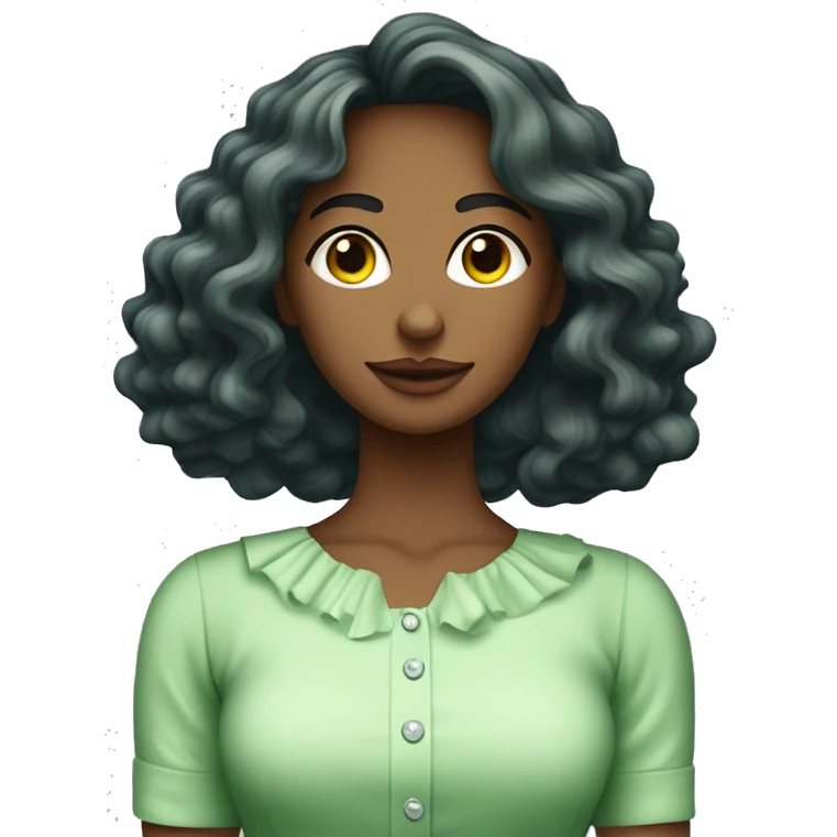 Imagem mostra mulher branca com blusa verde e babados, cabelo ondulado até no ombro e colar. Fundo externo com vegetação e móveis brancos.  emoji