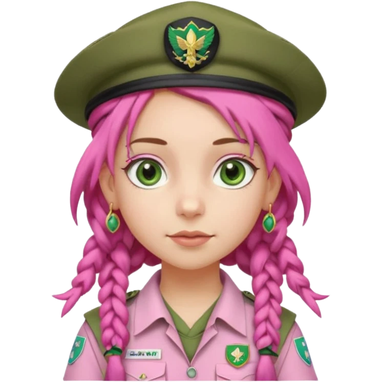 very pretty girl big green eyes, scout girl with pretty pink uniform, pink dreadlocks, and big earrings and scouts hat emoji