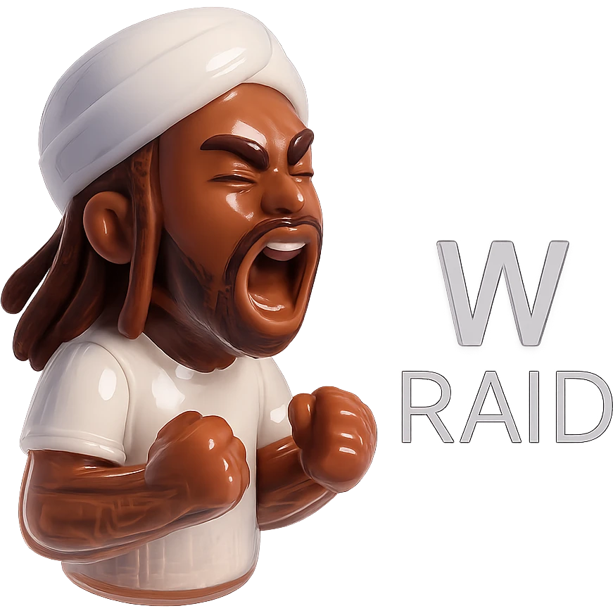 Brownskin man with long brown dreadlocks 
White  t-shirt 
WHITE turban 
expression is yelling 
Add the word W RAID emoji