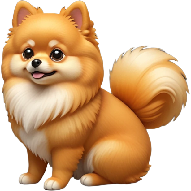 cinematic-[pomeranian]-realistic-full-body-sitting-emoji,-tail-resting-loosely-beside-its-paws,-head-tilted-dramatically, -fluffy-[orange]-fur,-simplified-yet-realistic-focused-features,-highly-detailed,-glowing-with-an-almost-sarcastic-glow emoji
