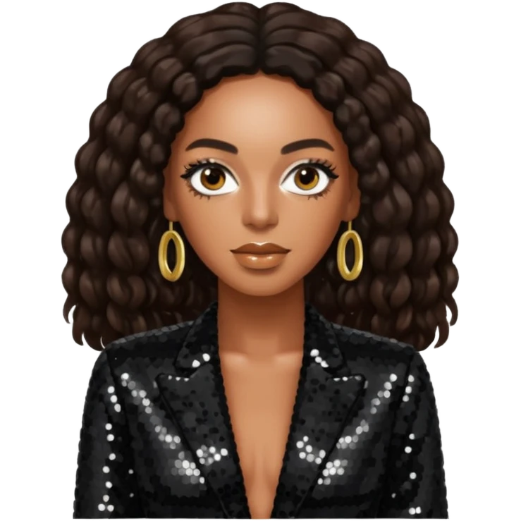Solange with long dark brown hair, black sequin outfit emoji