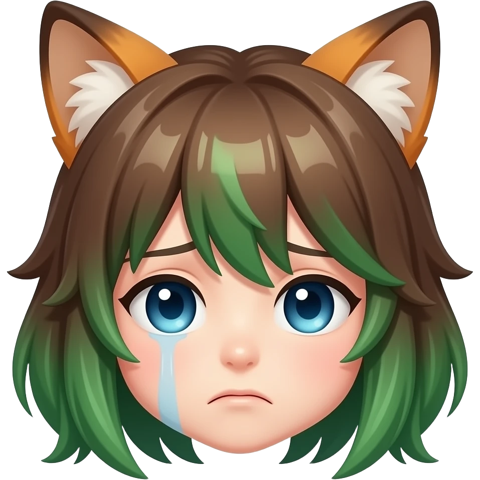 Brown and green hair with blue eyes vtuber with a sad face with fox ears emoji