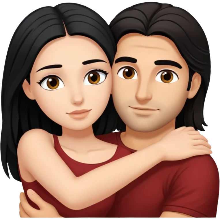 beautiful woman with black long hair and long eyelashes, hugging attractive Greek man with mid length dark hair  emoji