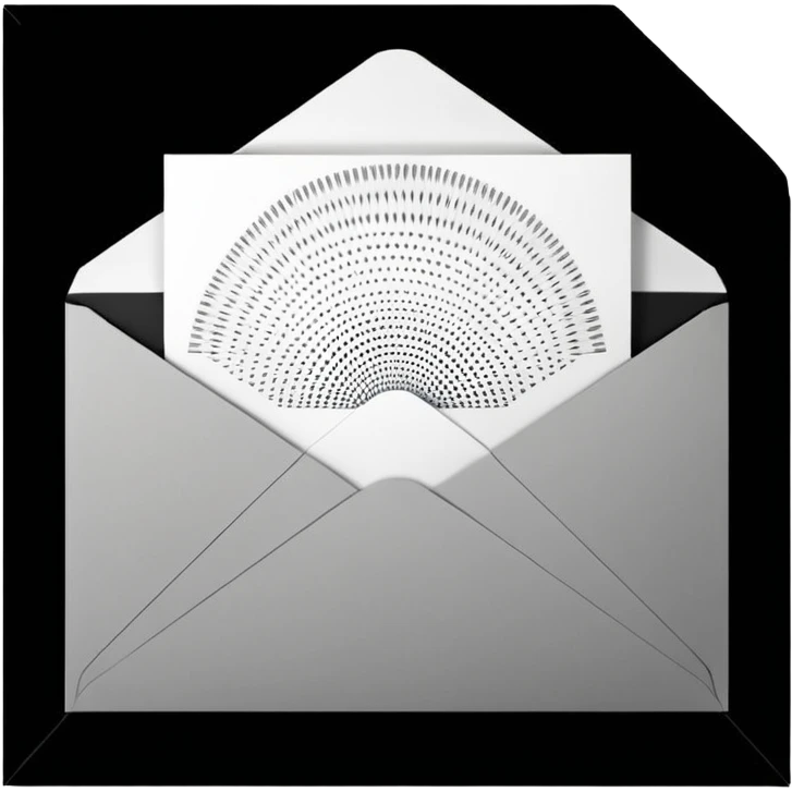 Open envelope + blank card, copperplate etching, microscopic dotwork ONLY, pure black/white, ultra-contrast, rays, tiny #fbcfe8 glow --ar 16:9 --style raw --s 10 --no 3d, gradient, smooth, gray, shadow, text emoji