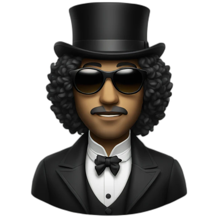 Man with a top hat and black sunglasses and long curly hair  emoji