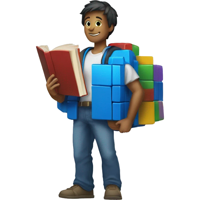 white and blue rubik's cube holding a book in his hands emoji