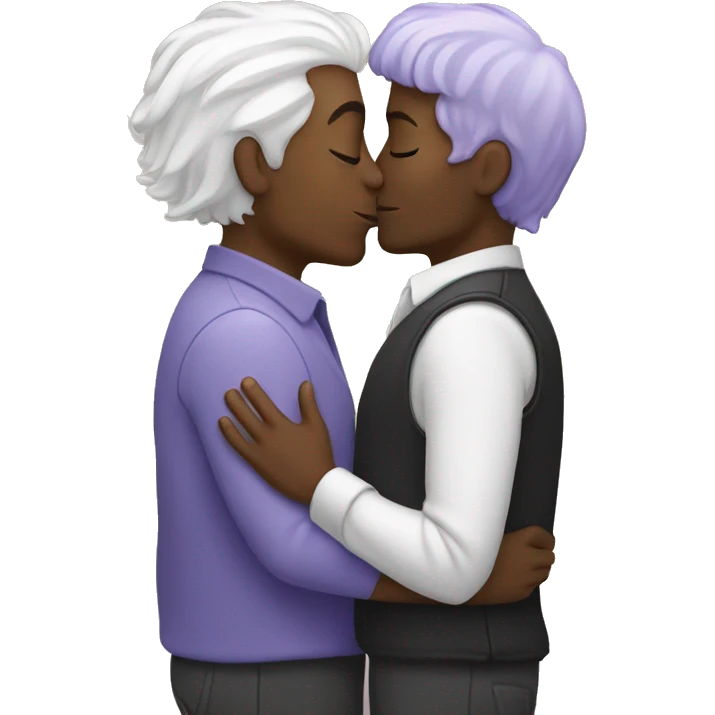 Two men kissing, one of them black and the other white with lavender hair emoji