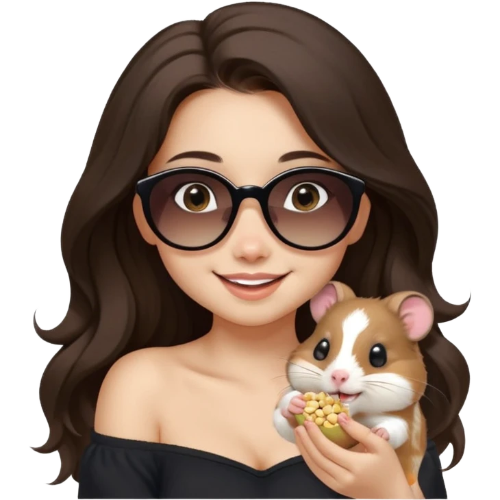 modern emoji of a young woman with light skin, long wavy dark brown hair, black off-shoulder top, warm eyes, soft smile, cute hamster with sunglasses on her shoulder eating a seed, both playful and happy, pastel or neutral background, clean cheerful charming style emoji