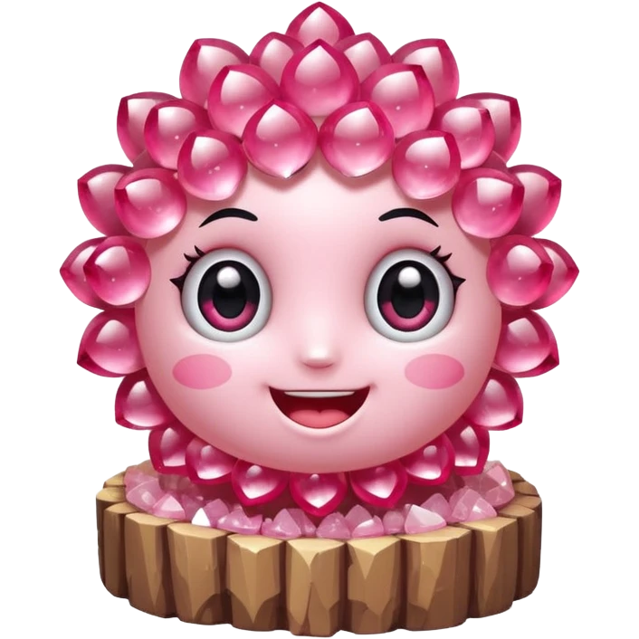 A single cute pink crystal cluster character, chunky round base with many tall rose-pink crystal quartz cluster imperfect, on the front of the base a kawaii face with big shiny eyes and a happy open smile very shiny and nothilng else emoji