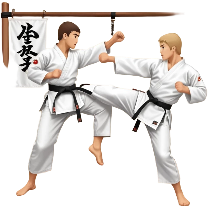 Two karate fighters in traditional gi sparring. One executes a high kick aimed at the opponent’s head, while the other blocks with a strong hand defense. The background features a classic dojo with wooden flooring and banners. Dynamic motion and focused expressions. Transparent background. emoji