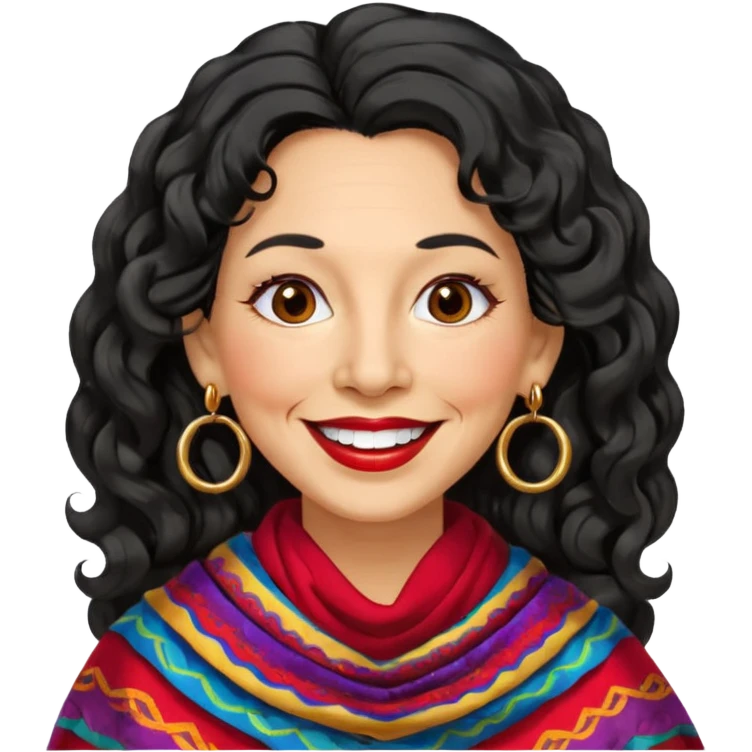 60 yr old peruvian woman, wavy/curly long black hair, red lipstick, big smile, white teeth, brown eyes, hoop earings, side part to hair, round face emoji