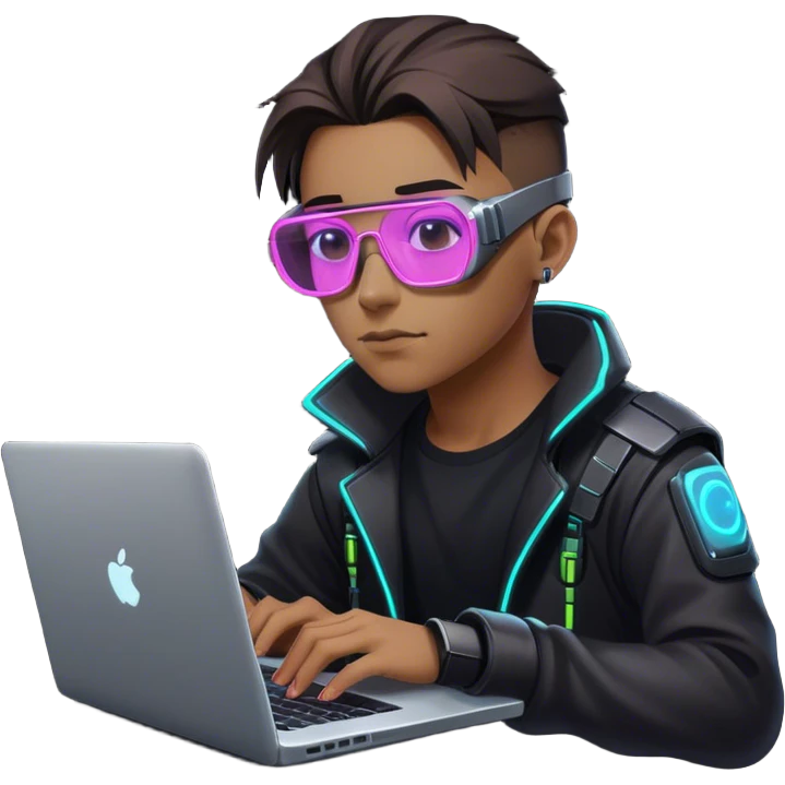 An emoji of a person with a laptop, but wearing cyberpunk glasses and with a slight neon glow emoji