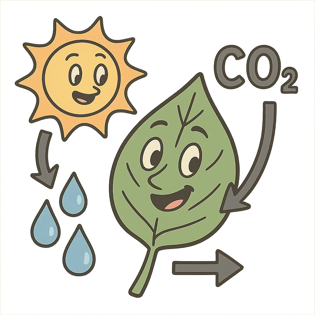 cartoon-style diagram of photosynthesis: leaf, sun, water droplets, and CO2 arrows, transparent background emoji