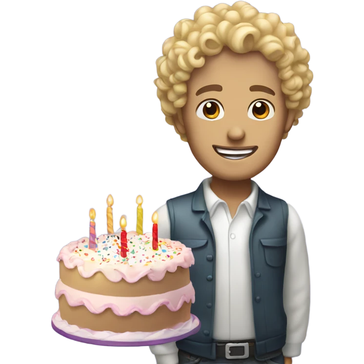  Blonde curly headed white man standing over a birthday cake emoji
