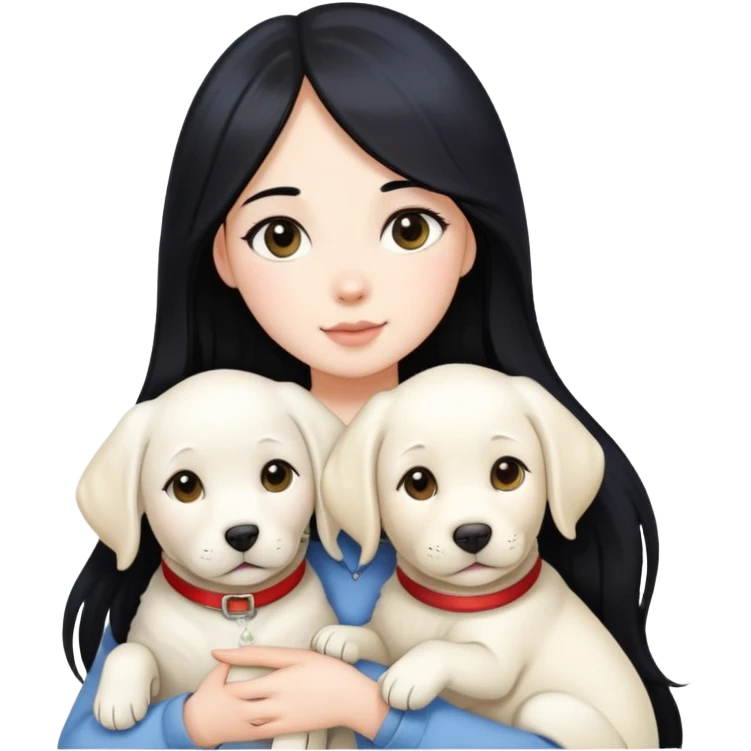 A beautiful girl with long black hair and fair skin is holding a white Labrador emoji